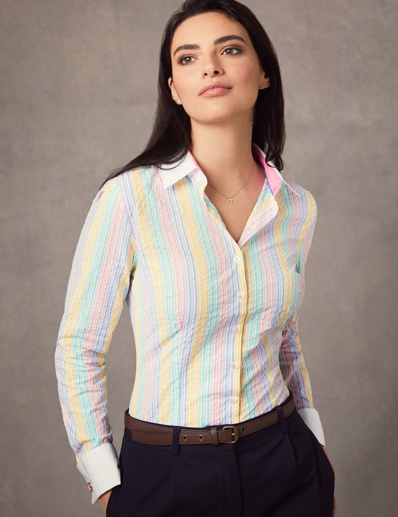 Women’s White & Light Pink Multi Stripe Fitted Shirt – Double Cuff ...