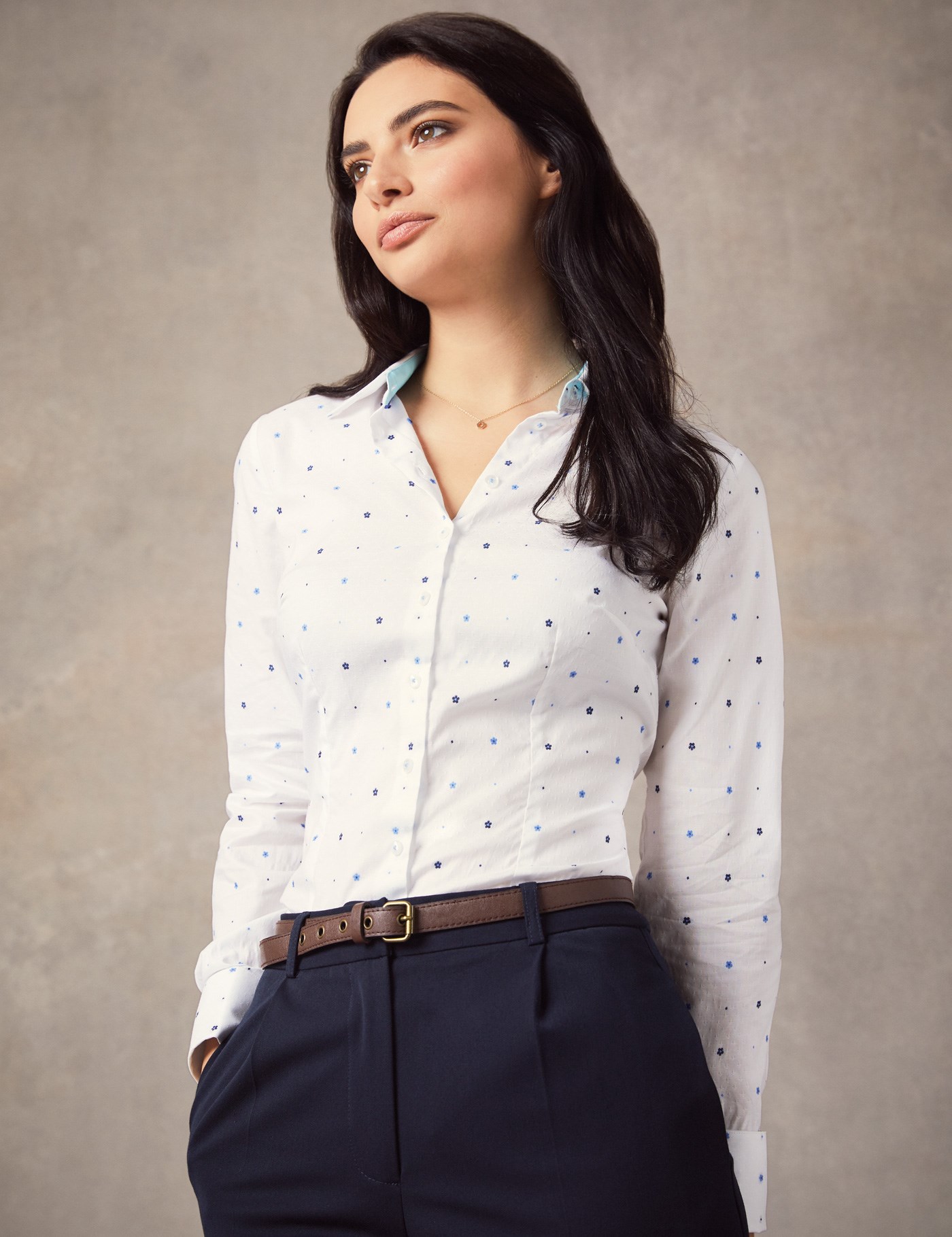 Women’s White & Blue Floral Fitted Shirt – French Cuff | Hawes & Curtis