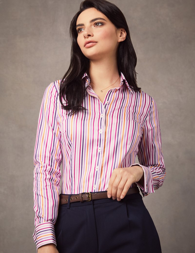 Women’s White & Pink Multi Stripe Fitted Shirt – French Cuff | Hawes ...