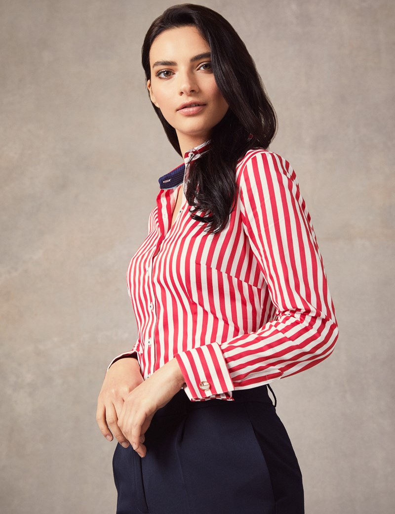 Women’s Red & White Bengal Stripe Fitted Shirt – Double Cuff | Hawes ...