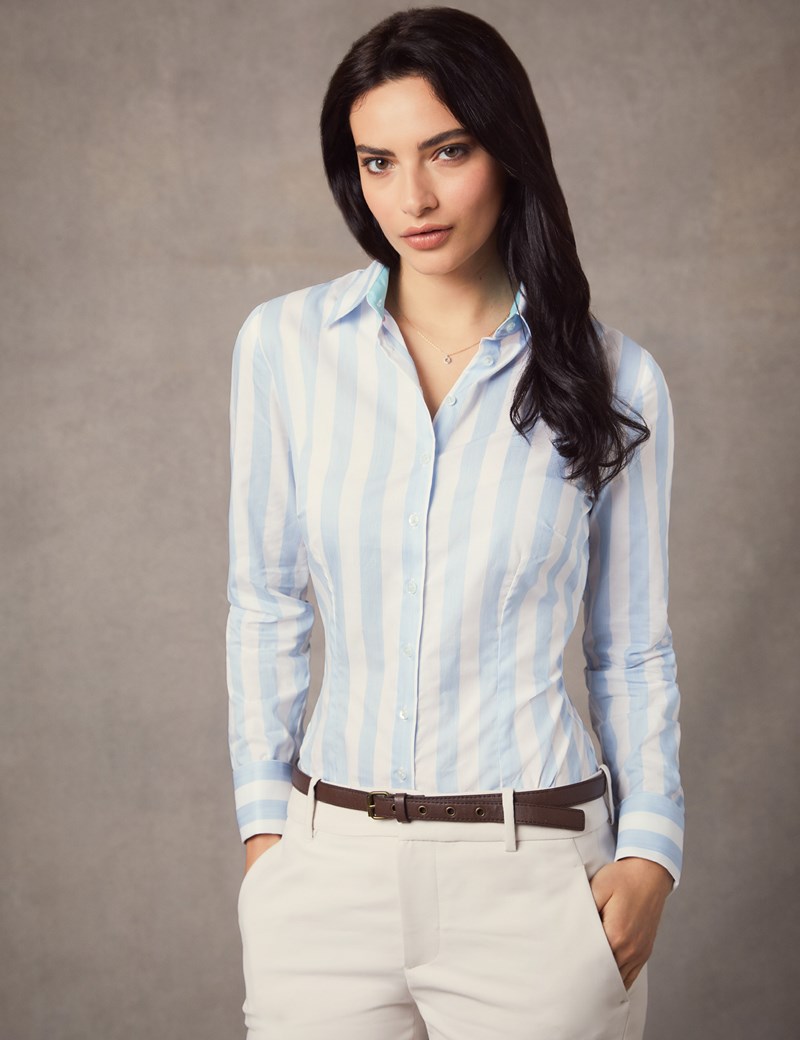 Women's Blue & White Stripe Fitted Shirt - French Cuff | Hawes & Curtis