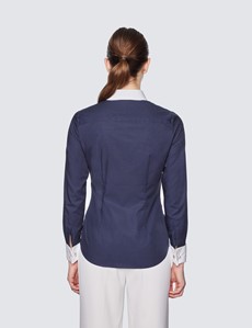 Women's Navy End on End Fitted Executive Shirt With Contrast Collar - Double Cuffs