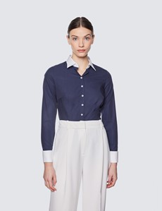 Women's Navy End on End Fitted Executive Shirt With Contrast Collar - Double Cuffs