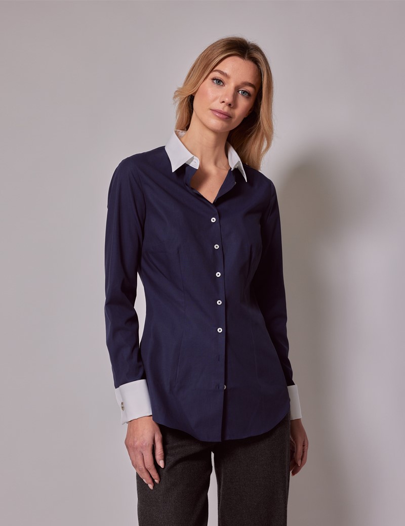 Women's Navy End on End Fitted Executive Shirt With Contrast Collar ...
