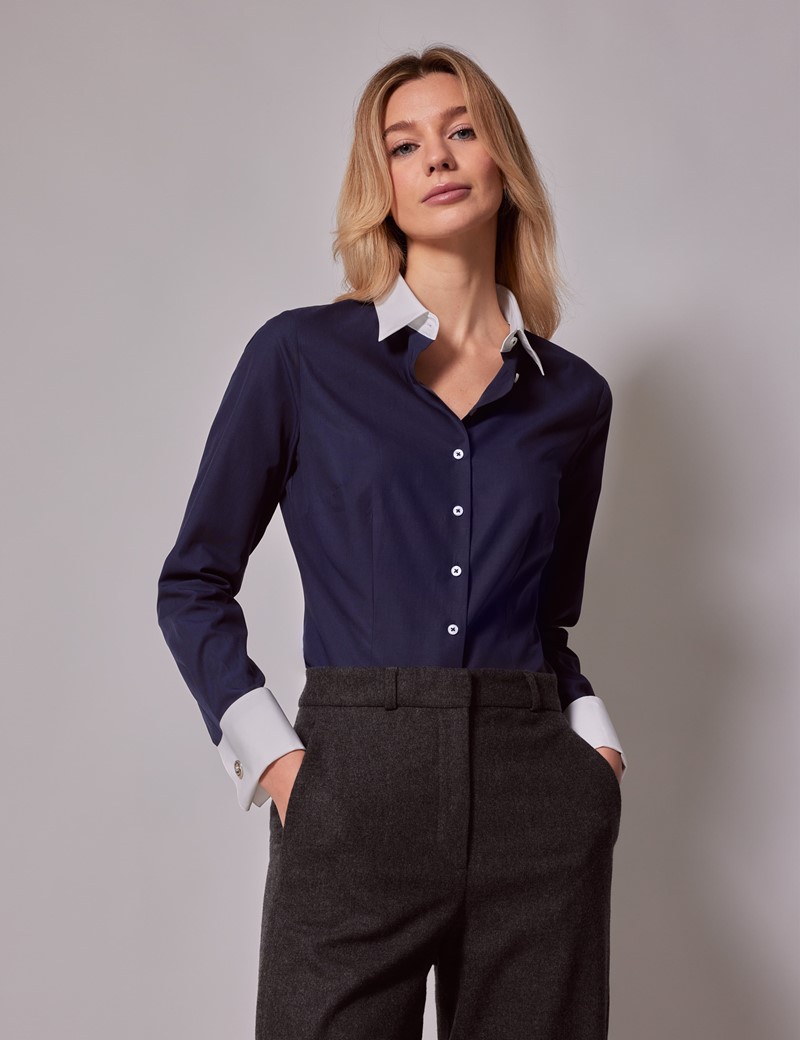 Women's Navy End on End Fitted Executive Shirt With Contrast Collar ...