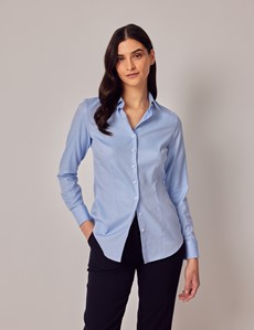 Women's Executive Light Blue Twill Fitted Shirt - Double Cuffs | Hawes ...