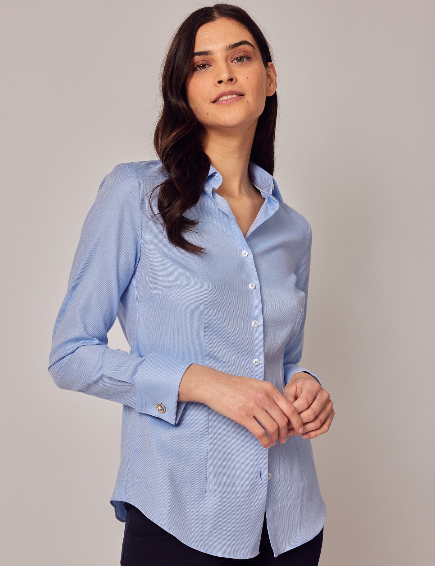 Women's Executive Light Blue Twill Fitted Shirt - Double Cuffs | Hawes ...