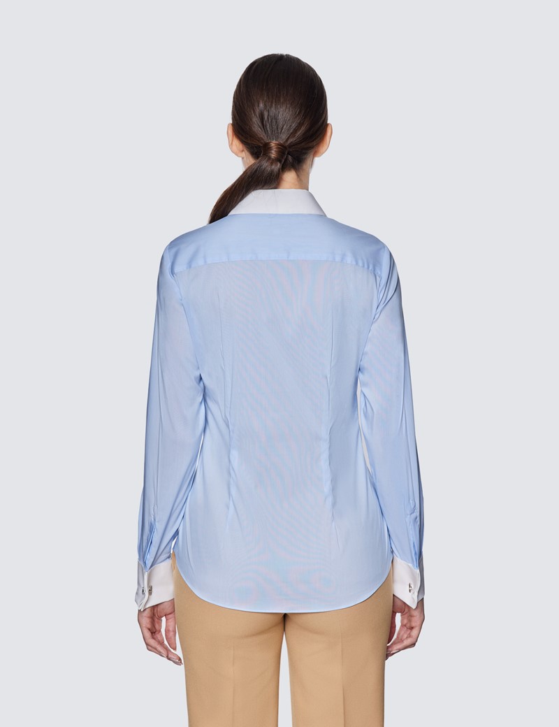 Bluse – Slim Fit – Baumwollstretch – Manschetten – hellblau mit weißen Kontrasten