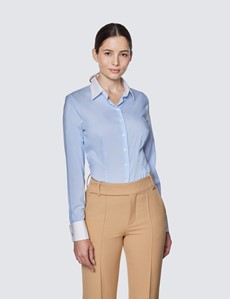 Women's Light Blue Fitted Luxury Cotton Nylon Shirt With White Collar & Double Cuffs