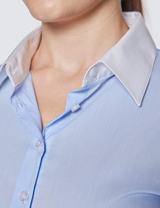 Women's Light Blue Fitted Luxury Cotton Nylon Shirt With White Collar & Double Cuffs