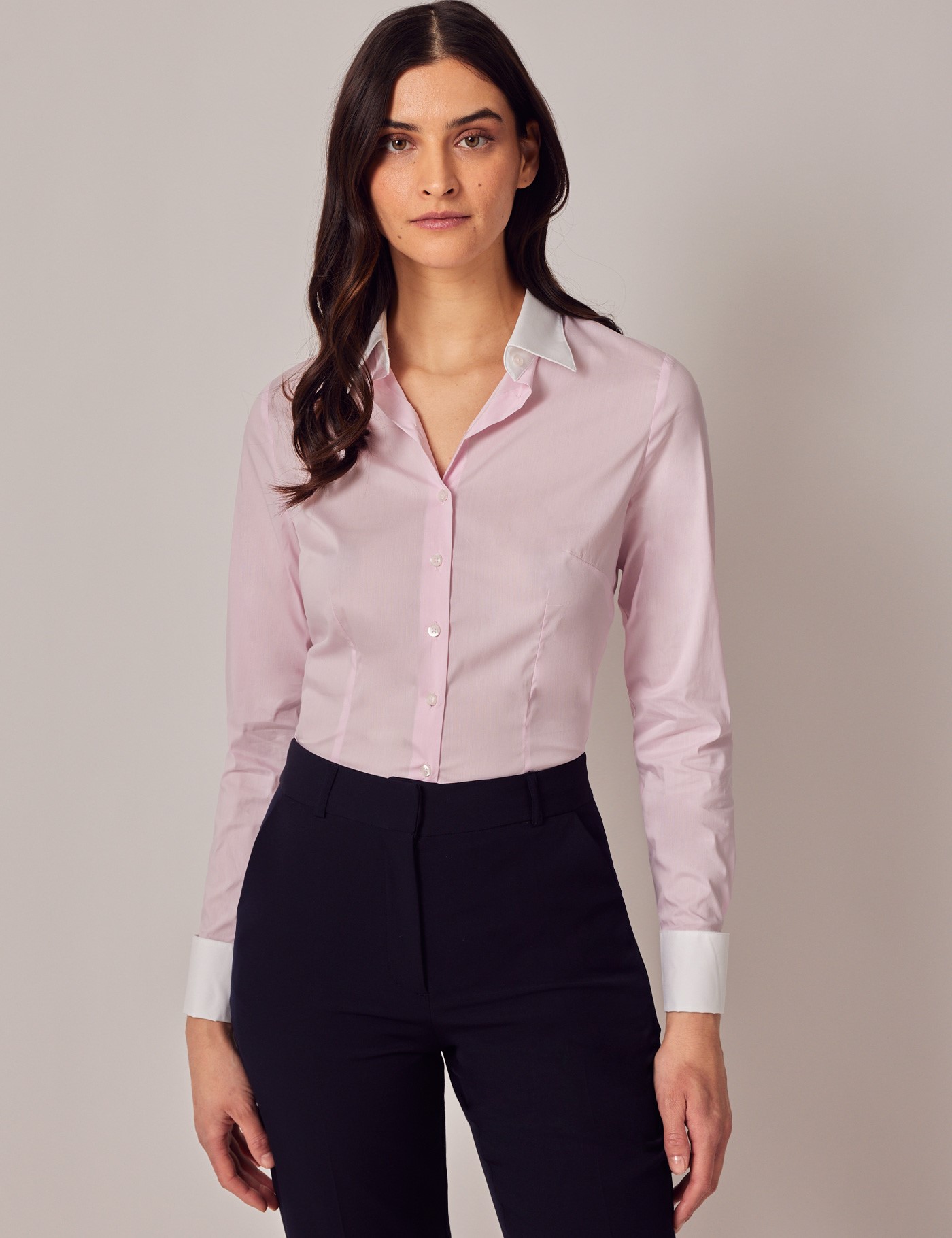 Women's Light Pink Fitted Luxury Cotton Nylon Shirt With White Collar &  Double Cuffs | Hawes & Curtis