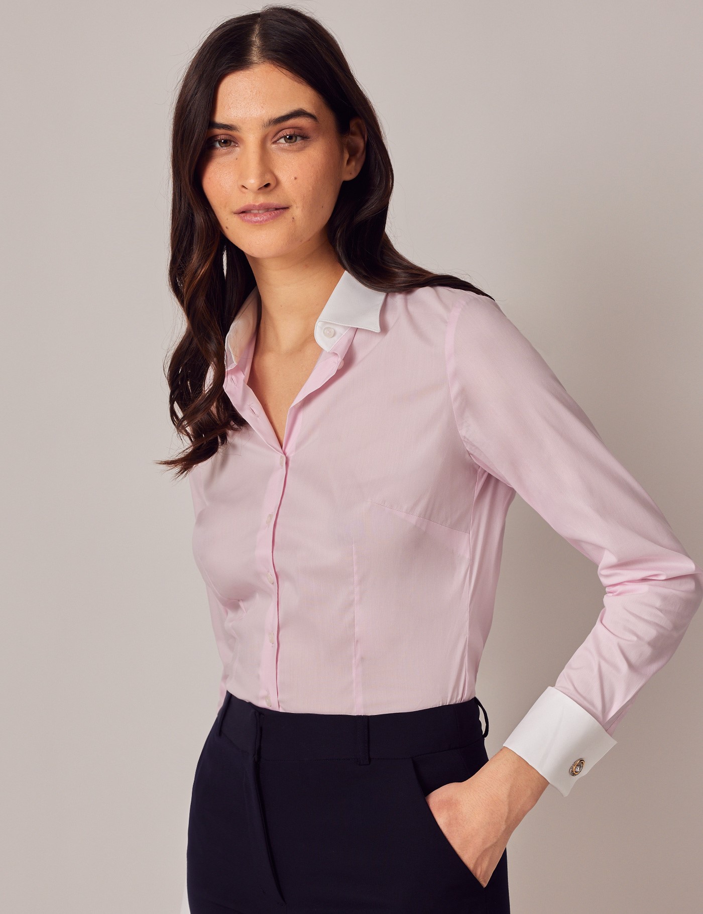 Women's Light Pink Fitted Luxury Cotton Nylon Shirt With White Collar ...
