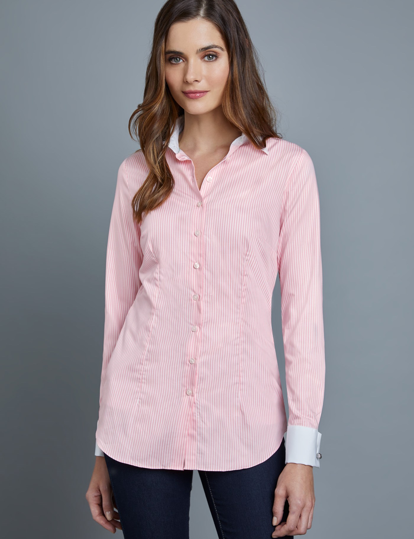 Women's Light Pink & White Bengal Stripe Fitted Executive Shirt ...