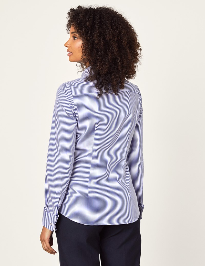 Women's Navy & White Bengal Stripe Fitted Executive Shirt - Double Cuff | Hawes & Curtis