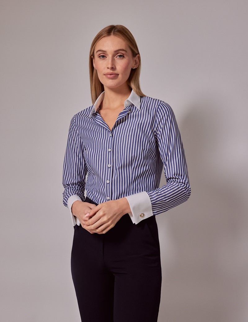 Women's Executive Blue & White Fine Stripe Fitted Shirt With White Collar  and Cuffs