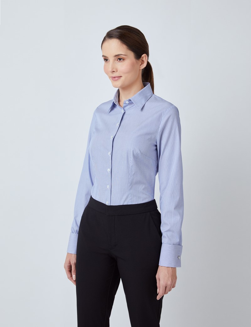 Easy Iron Cotton Fine Stripe Executive Women's Fitted Shirt with Double ...