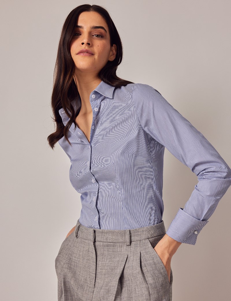 Women's Blue & White Fine Stripe Fitted Shirt - Double Cuffs