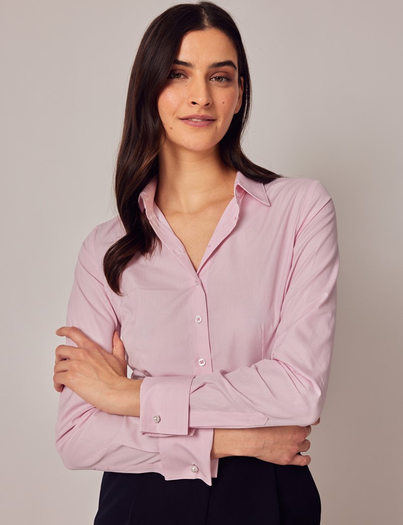 Women's Executive Pink & White Fine Stripe Fitted Shirt - Double Cuffs ...