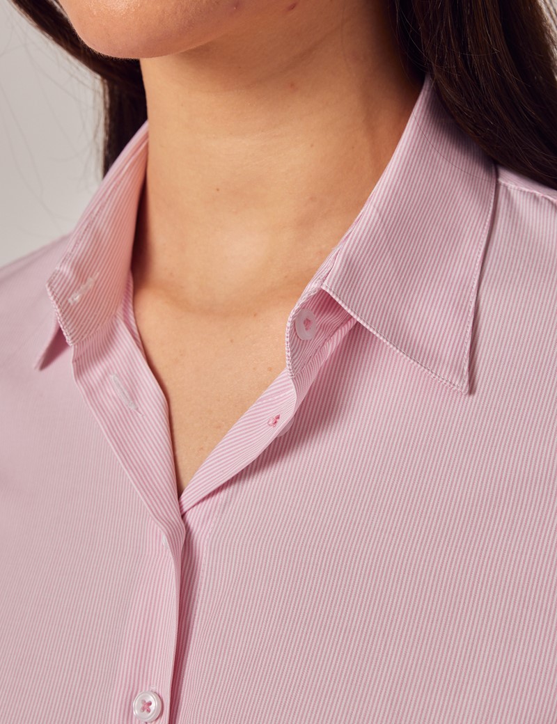 Hawes & Curtis Women's Executive Pink Pine Stripe Fitted Shirt with White Collar in White/Pink | Size 4 | Single Cuff