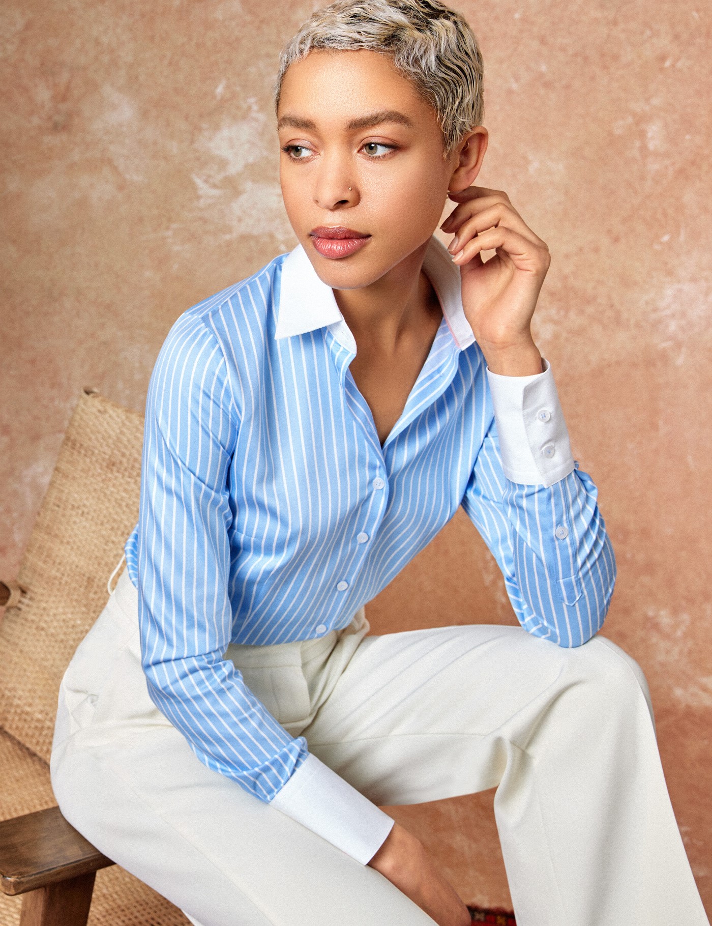 Executive Blue & White Fine Stripe Fitted Shirt With White Collar and