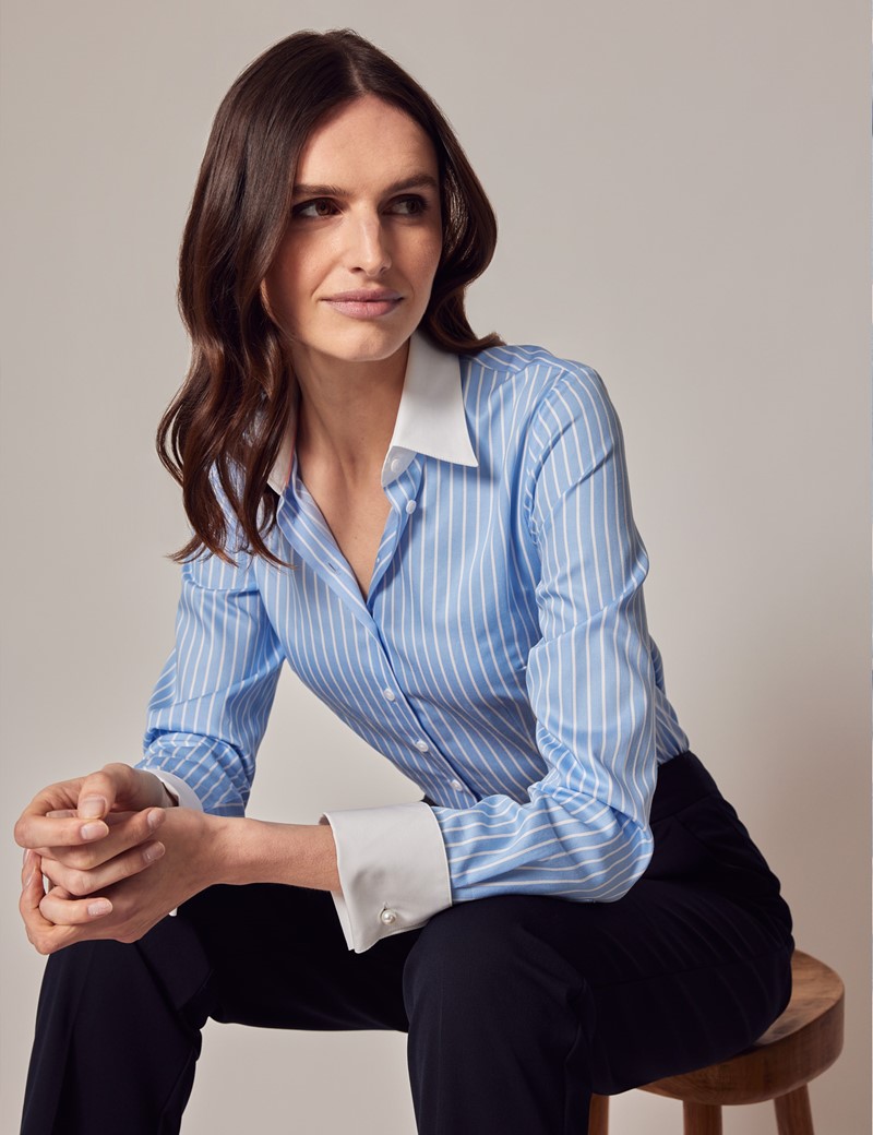 Blue & White Fine Stripe Fitted Executive Shirt With White Collar and