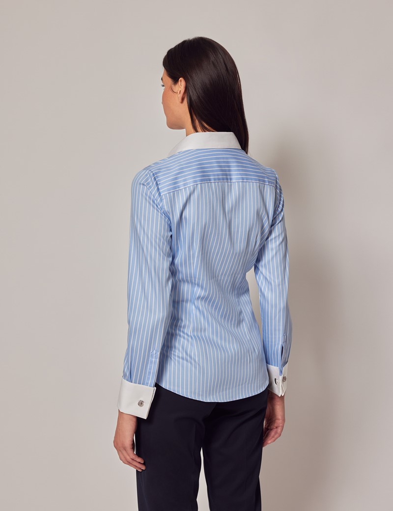 Executive Blue & White Fine Stripe Fitted Shirt - White Collar and Cuffs