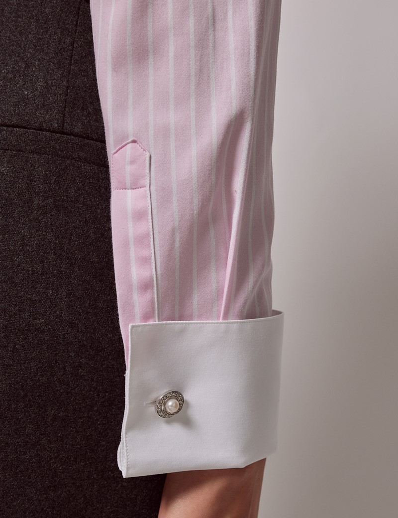 Hawes & Curtis Women's Executive Pink Pine Stripe Fitted Shirt with White Collar in White/Pink | Size 4 | Single Cuff