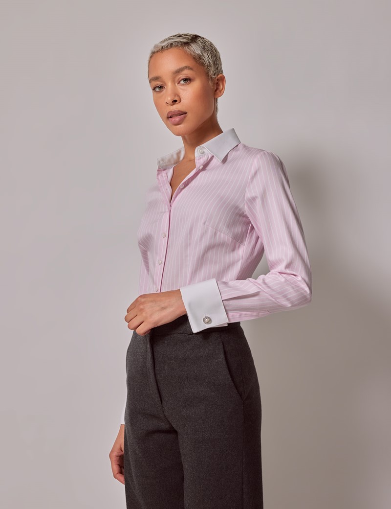 Woman's Executive Pink & White Stripe Fitted Shirt - White Collar and  Double Cuff