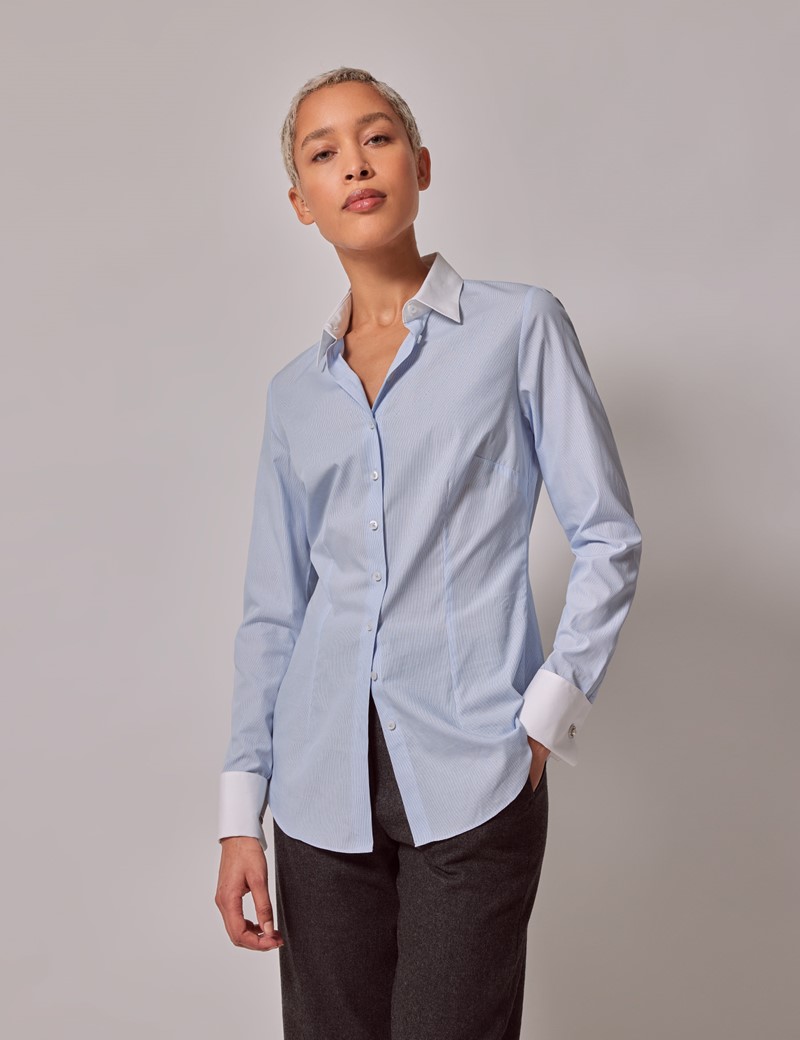 Woman's Executive Blue & White Stripe Fitted Shirt - White Collar and ...