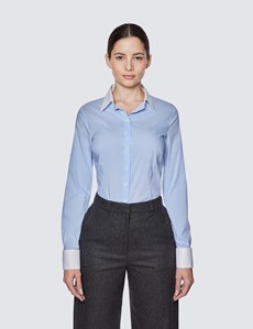 Women's Blue & White Bengal Stripe Fitted Luxury Cotton Nylon Shirt With White Collar & Double Cuffs