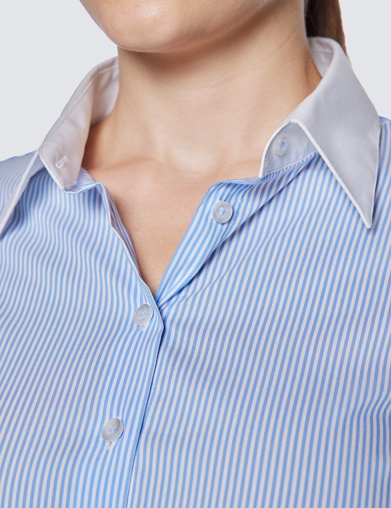 Women's Blue & White Bengal Stripe Fitted Luxury Cotton Nylon Shirt With White Collar & Double Cuffs