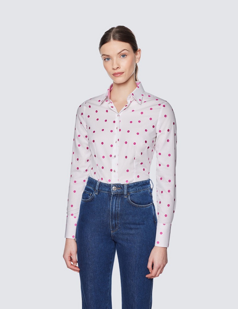 Women's White & Pink Spotted Dobby Fitted Shirt - Single Cuffs