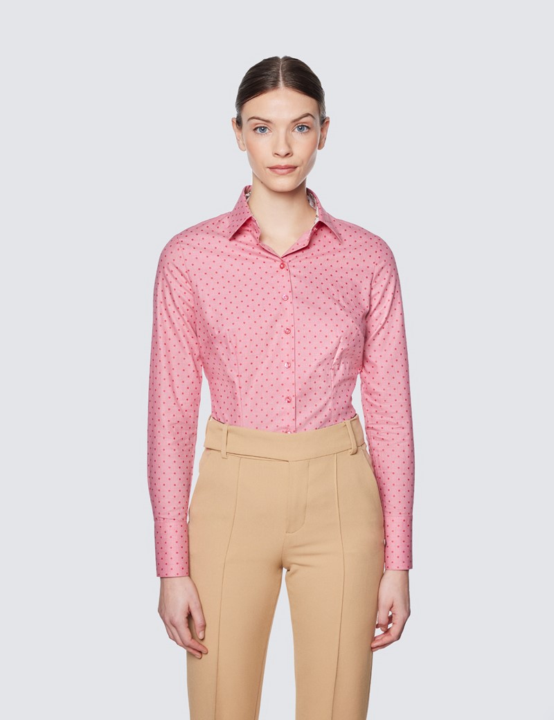 Women's Red Spotted Dobby Fitted Shirt - Single Cuffs