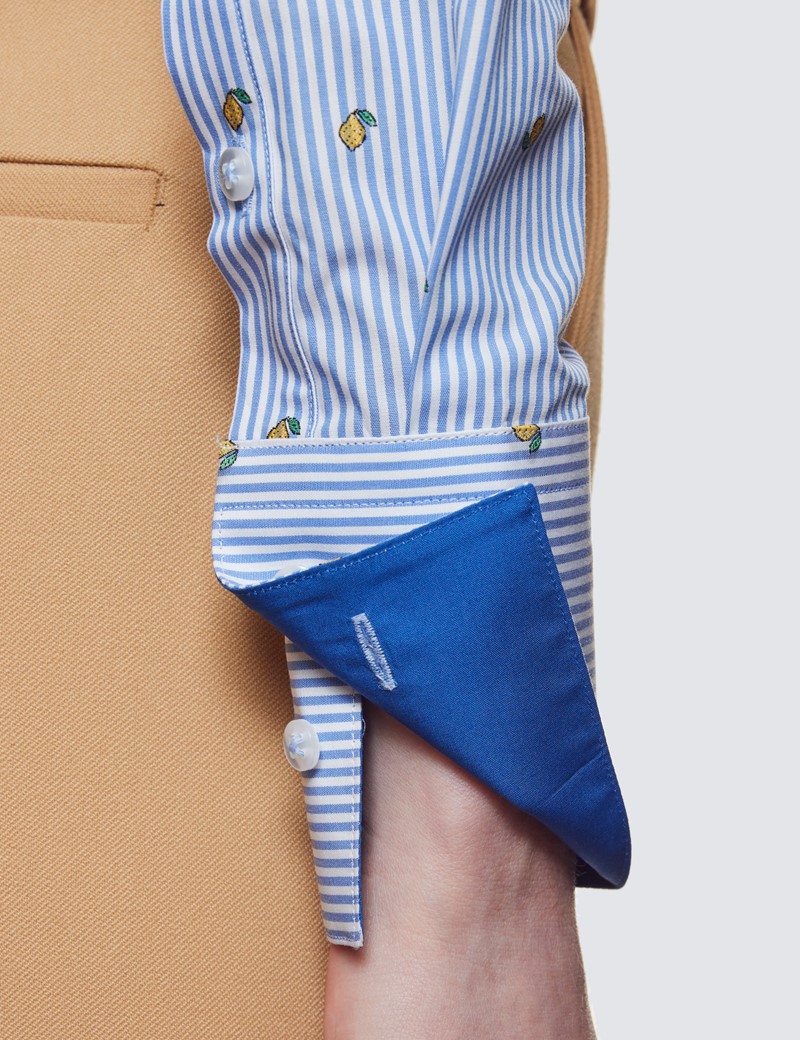 Executive Bluse – Slim Fit – Baumwolle – blau-weiß gestreift mit Zitronen Stickerei