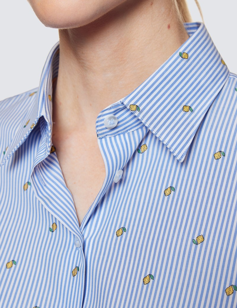 Executive Bluse – Slim Fit – Baumwolle – blau-weiß gestreift mit Zitronen Stickerei