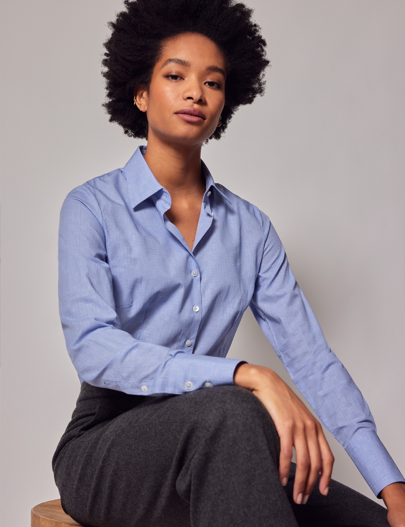 Women's Blue Dobby Squares Fitted Shirt | Hawes & Curtis