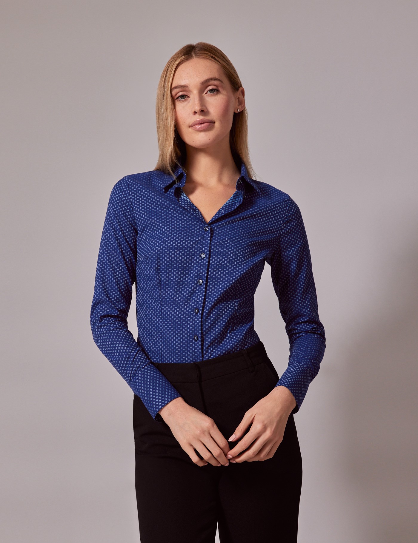 Women's Navy & Blue Dobby Floral Fitted Shirt | Hawes & Curtis