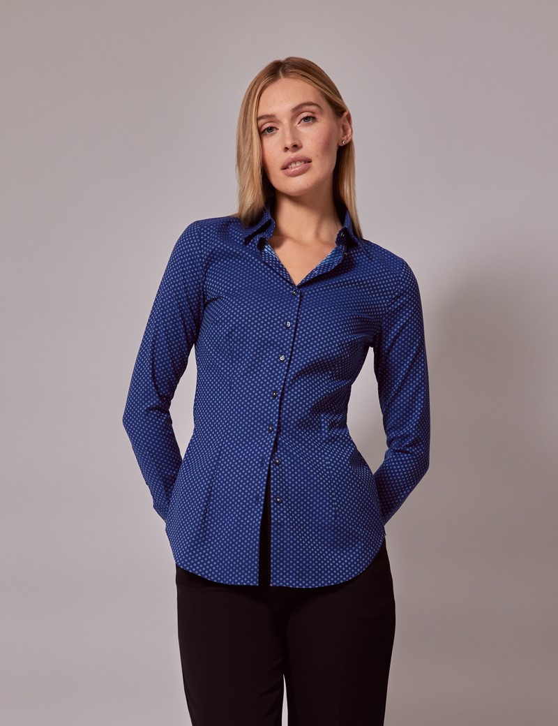 Women's Navy & Blue Dobby Floral Fitted Shirt | Hawes & Curtis