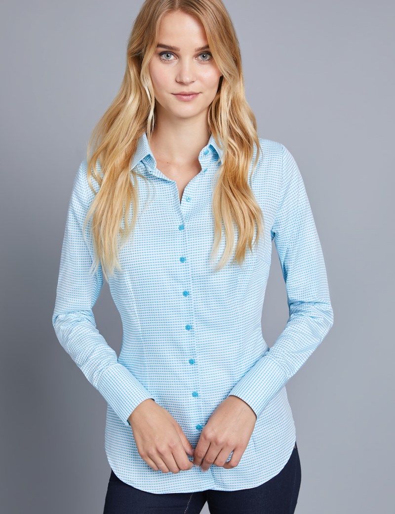 Women's Turquoise & White Dobby Plaid Fitted Shirt - Single Cuff ...