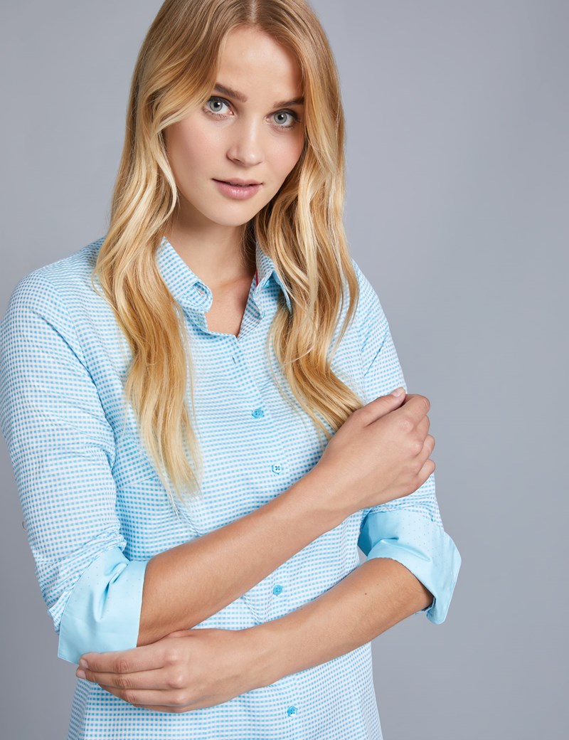 Women's Turquoise & White Dobby Check Fitted Shirt - Single Cuff ...