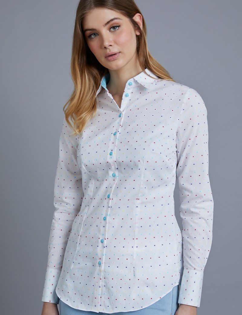 Women's White & Turquoise Dobby Spot Fitted Shirt - Single Cuff | Hawes ...