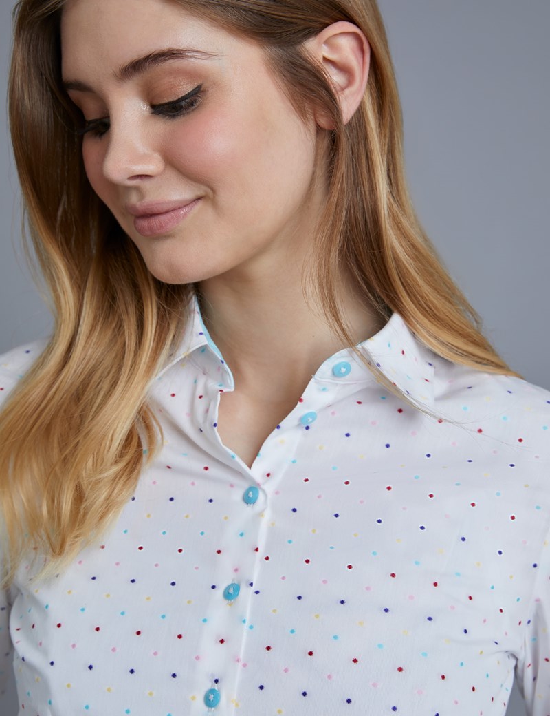 Women S White Turquoise Dobby Spot Fitted Shirt Single Cuff