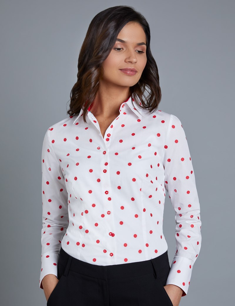 Women's White & Red Dobby Spot Fitted Shirt - Single Cuff | Hawes & Curtis