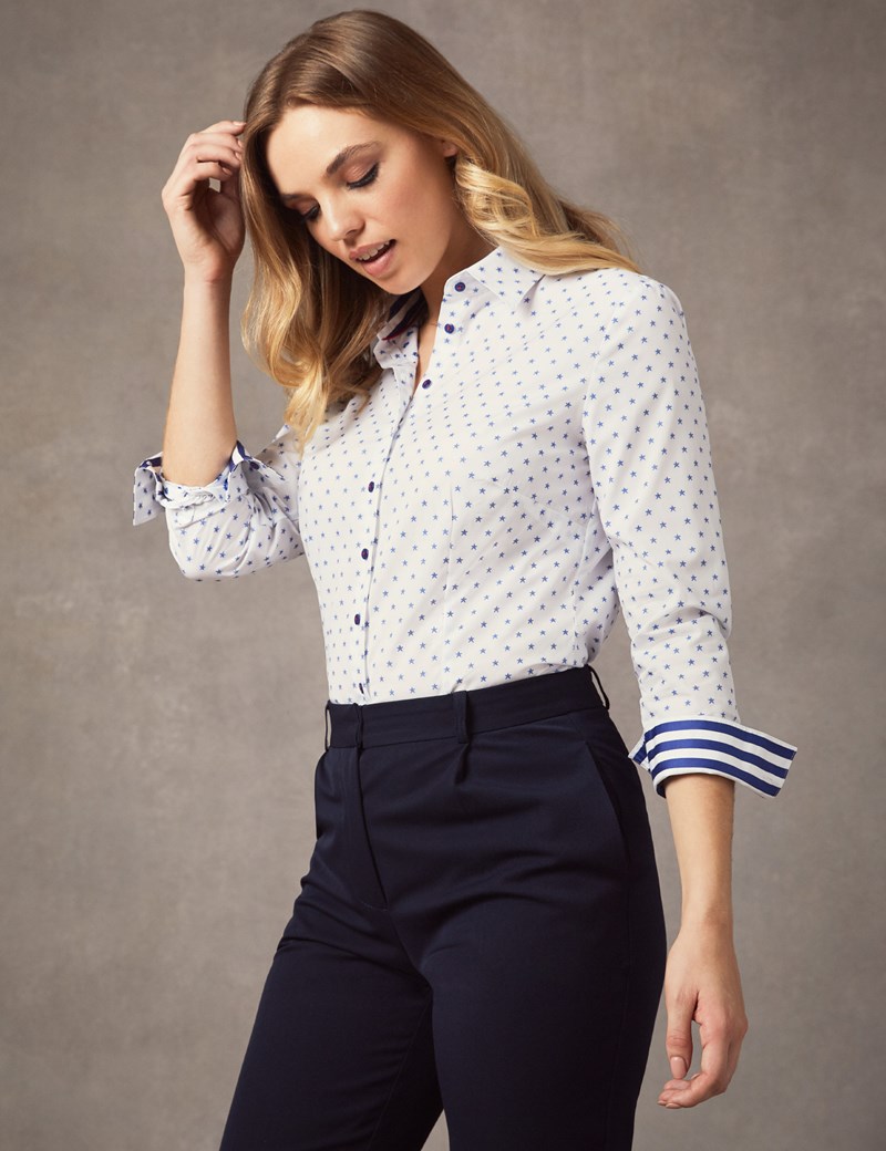 Women's White & Navy Star Print Fitted Shirt - Single Cuff | Hawes & Curtis