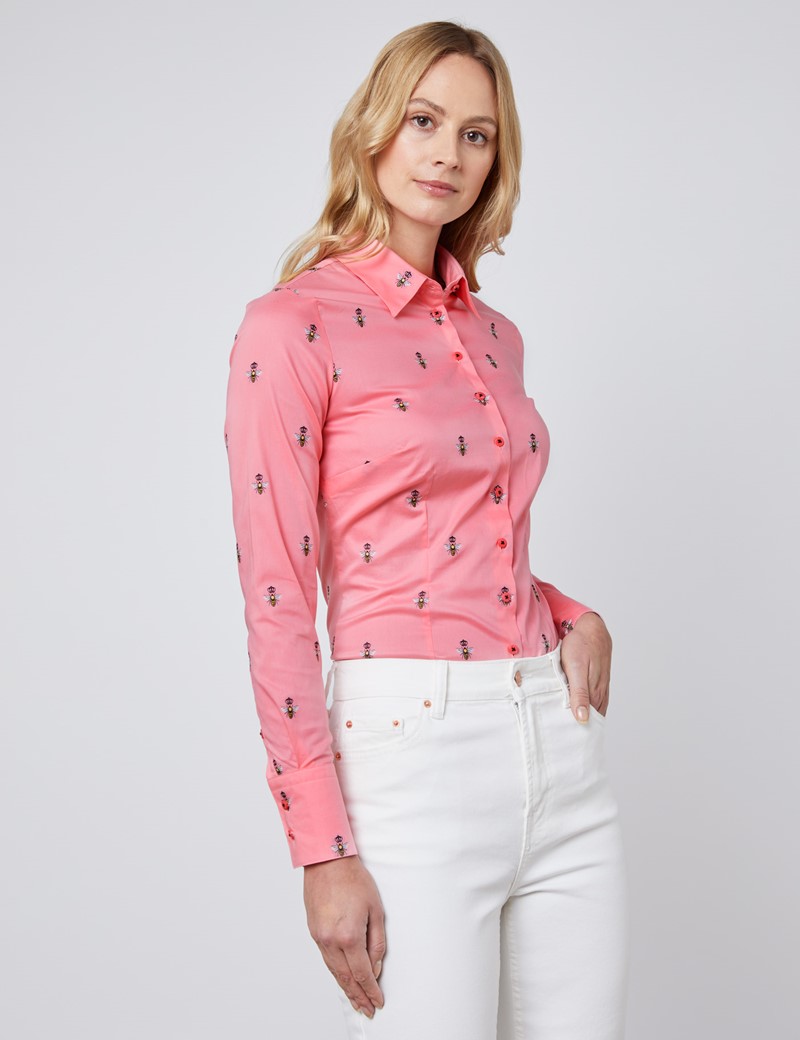 Women's Pink & Black Dobby Bee Fitted Shirt Single Cuff Hawes & Curtis