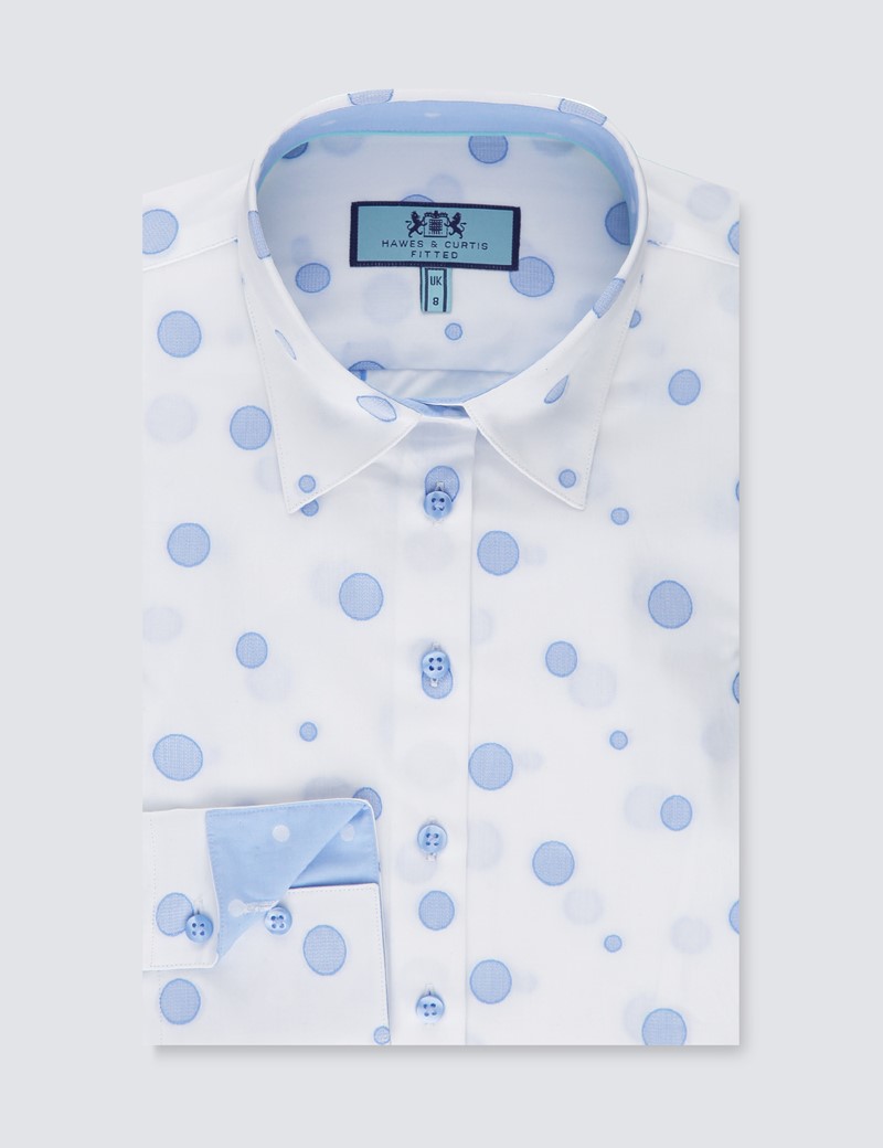 Women's White & Blue Dobby Spot Fitted Shirt - Single Cuff | Hawes & Curtis