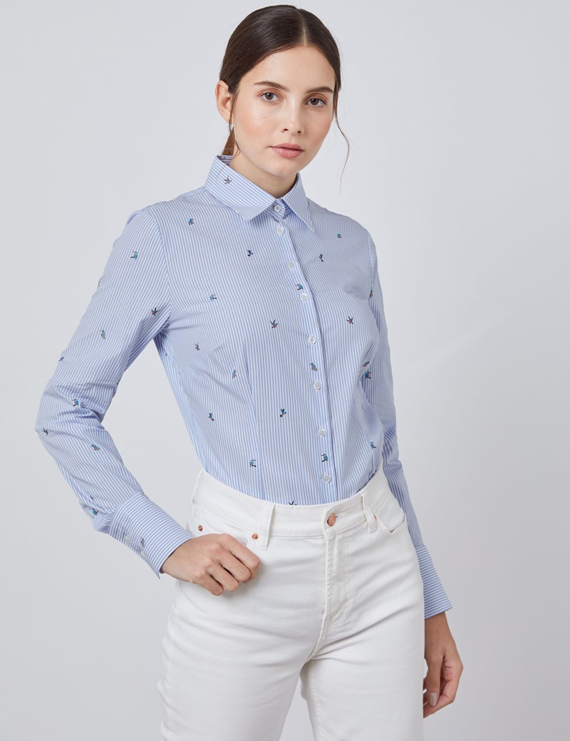 Women's Blue & White Dobby Birds Stripe Fitted Shirt - Single Cuff ...