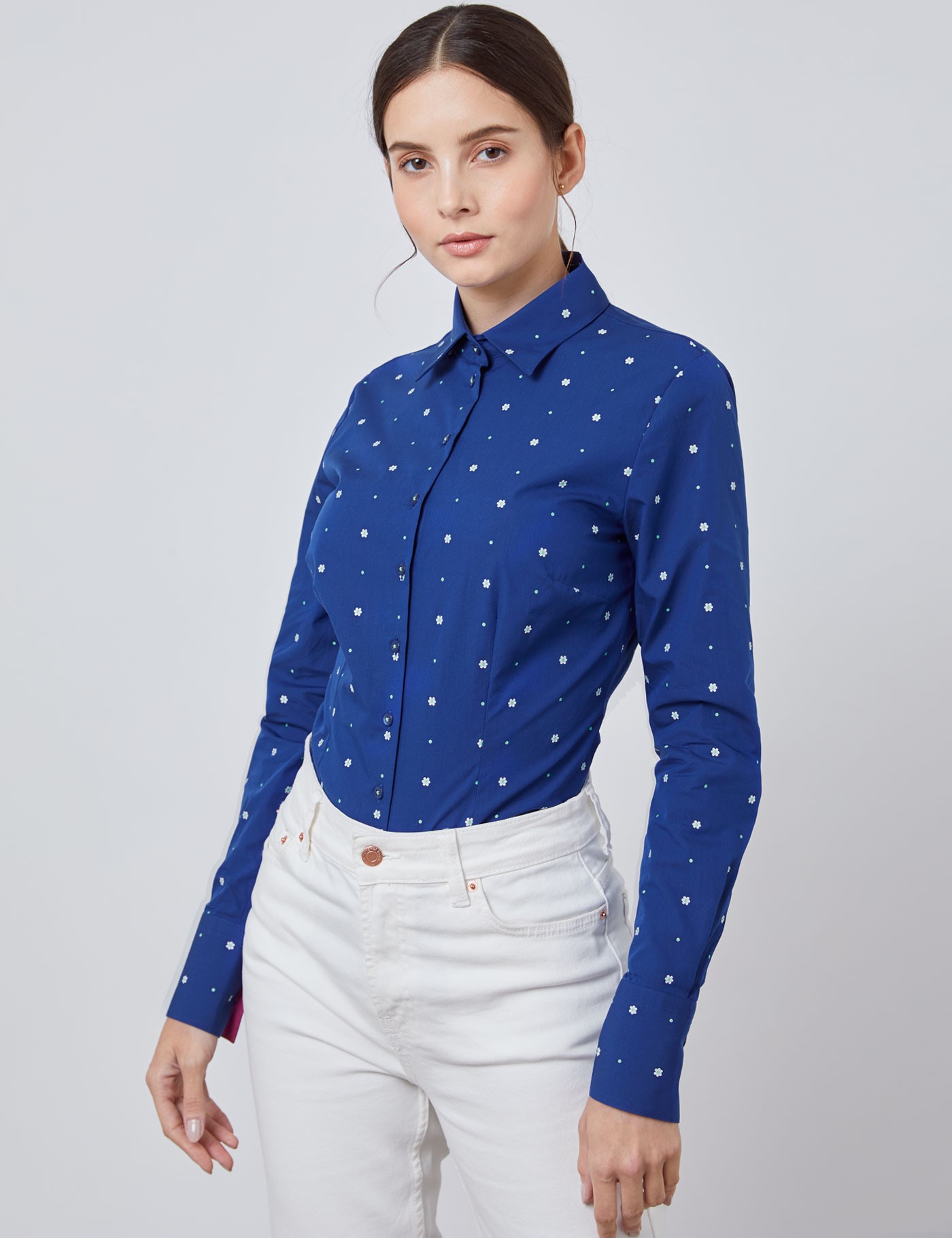 hawes & curtis women's navy & white dobby spot floral fitted shirt - single cuff