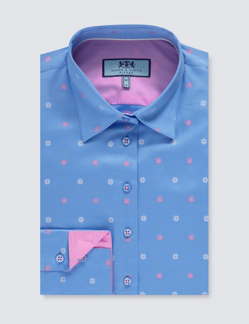 Women's Blue & Pink Dobby Floral Fitted Shirt - Single Cuff | Hawes ...