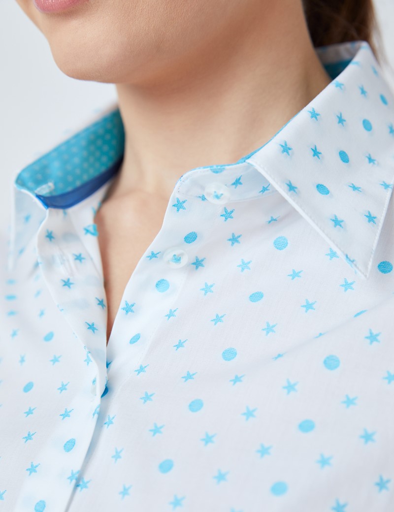 Women's White & Turquoise Dobby Stars & Spots Fitted Shirt - Single Cuff